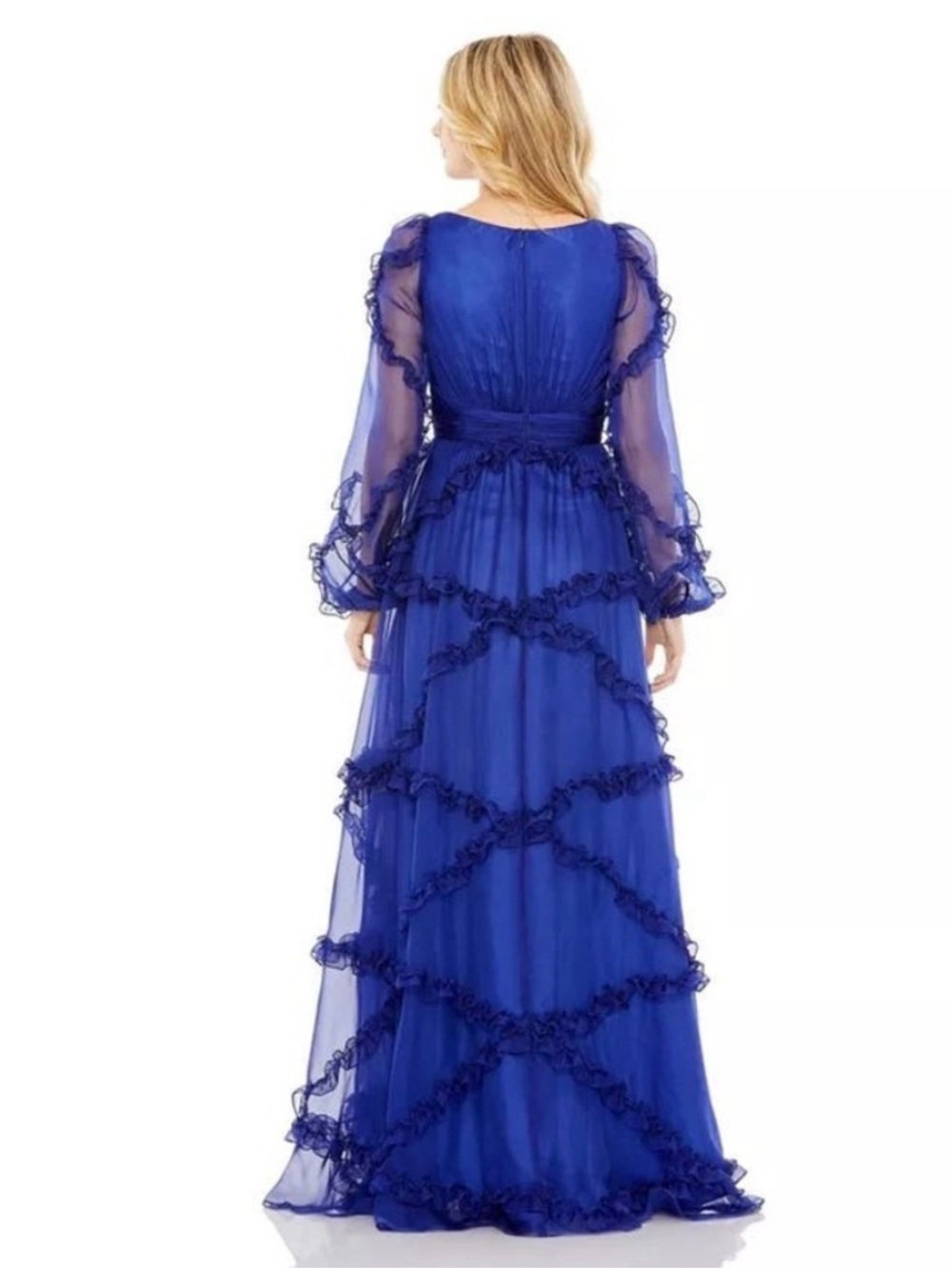 Mac Duggal Sapphire Blue Cascade Ruffle Puff Sleeve A Line Gown Size 4 - Picture 3 of 3